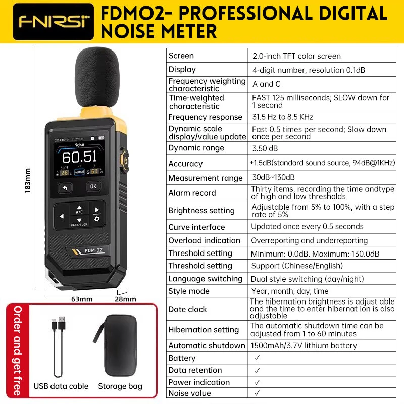 FNIRSI FDM02 Profesyonel Ses Seviyesi Ölçer Desibel Metre